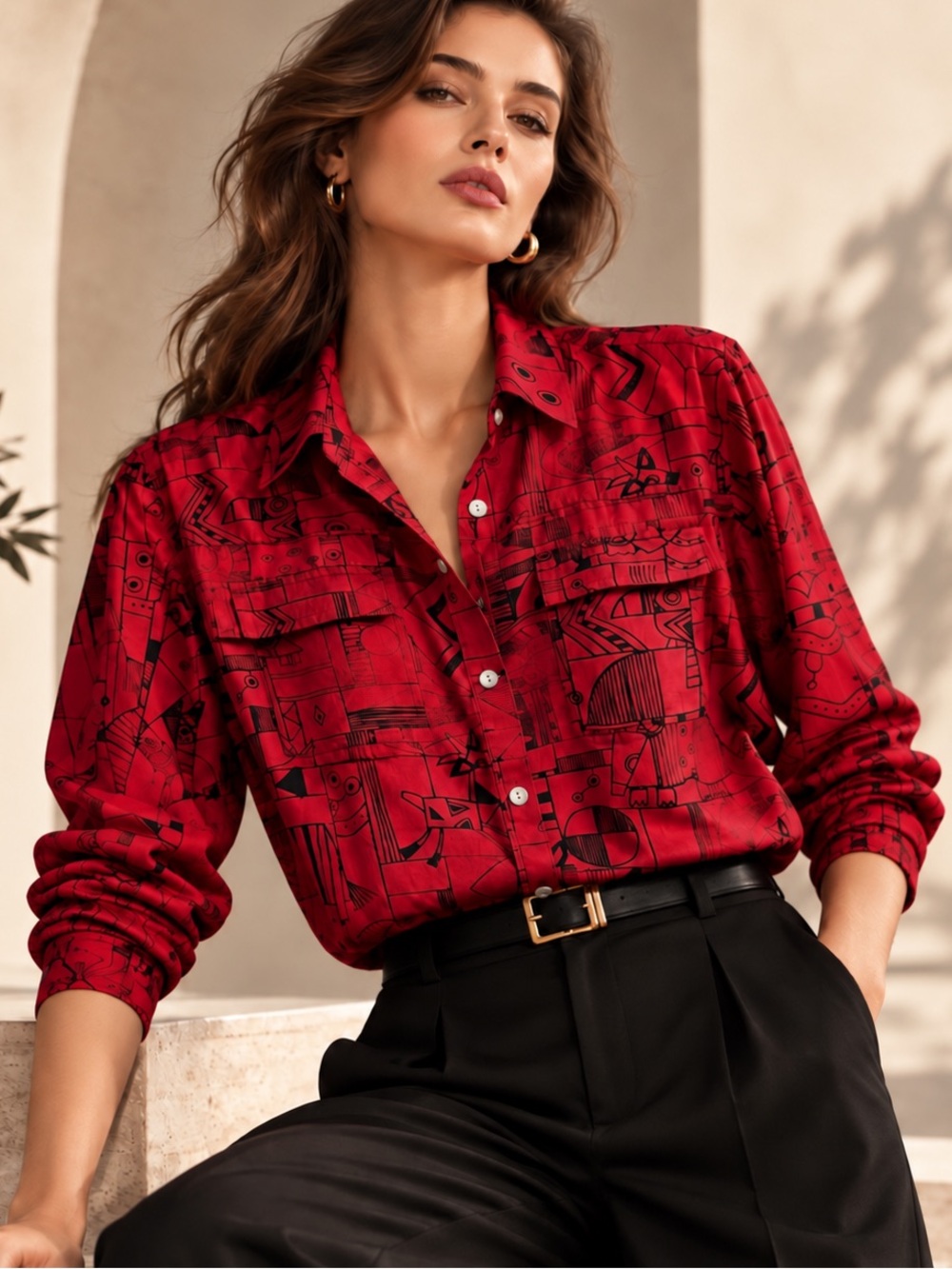 Vintage Chico’s 100% Silk Red Black Abstract Graphic Button Down Blouse Sz 1